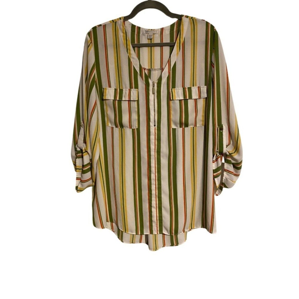 Cato Women's 18/20W Multicolor Blouse Striped 1/4 Zip Pockets Roll-Tab Sleeves